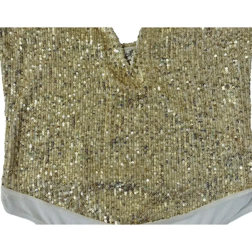 INTIMATELY FREE PEOPLE Sparks Fly Iridescent Gold Shimmery Sequin Bodysuit Sz M - Picture 6 of 12